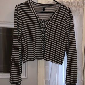 Long Sleeve Striped Lace Up Front Crop Top